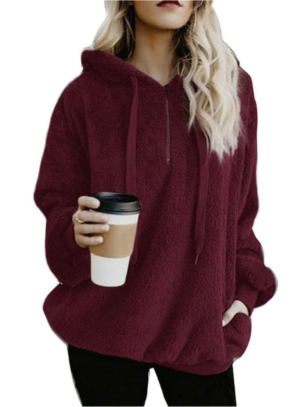 Womens Oversized Fuzzy Fleece Hoodie Quarter Zip Pullover Sweatshirt